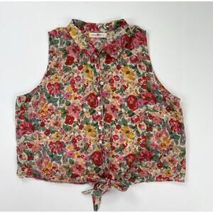 Natural Life Women's Button Front Floral Sleeveless Blouse Tie Front Waist Large